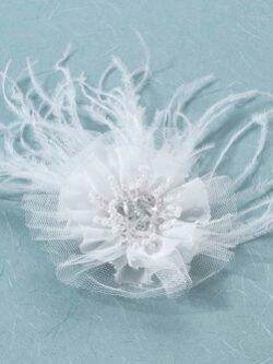 Rose Hair Clip with Jewel and Feathers - White