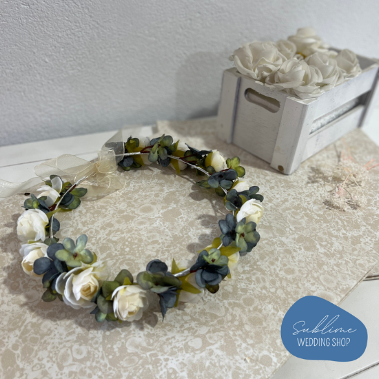 Corona de flores azul y blanco - Sublime Wedding Shop