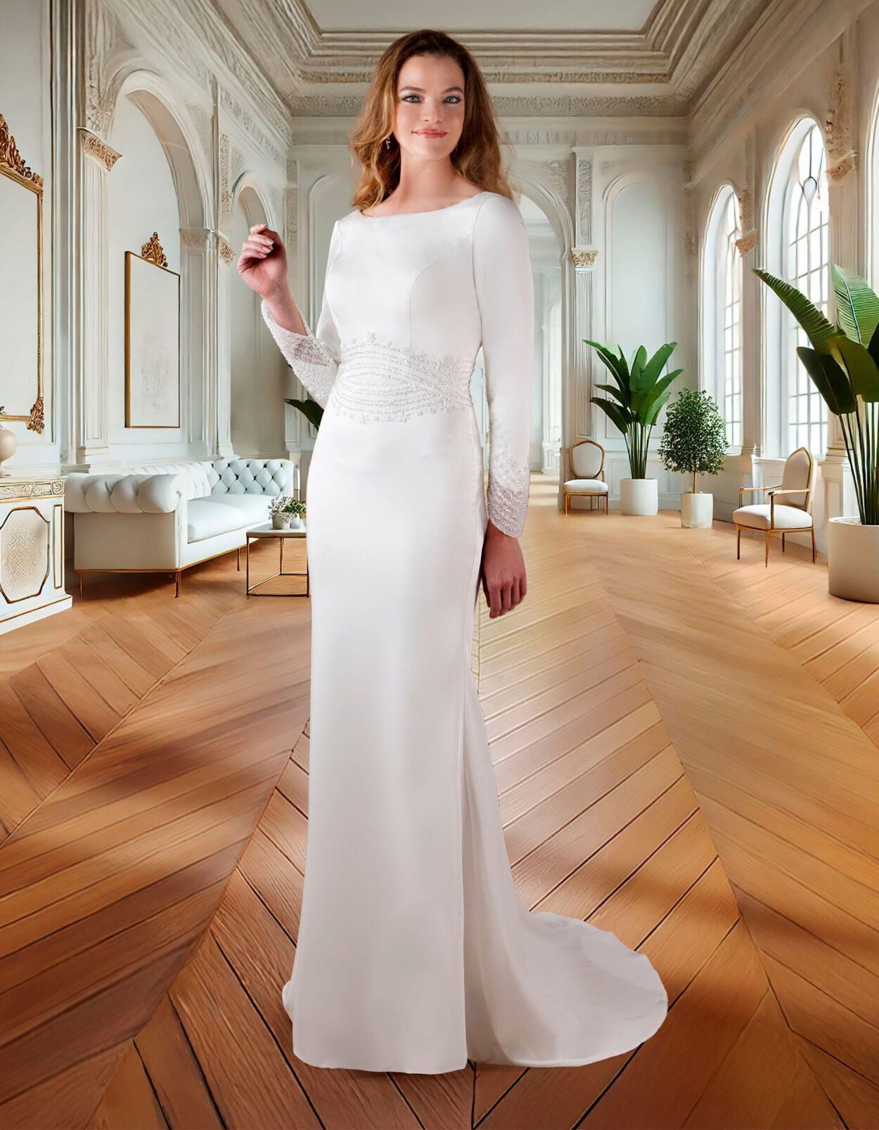 Fit and flare wedding dress, v neckline and beautiful gemstone around the waistline and cuffs