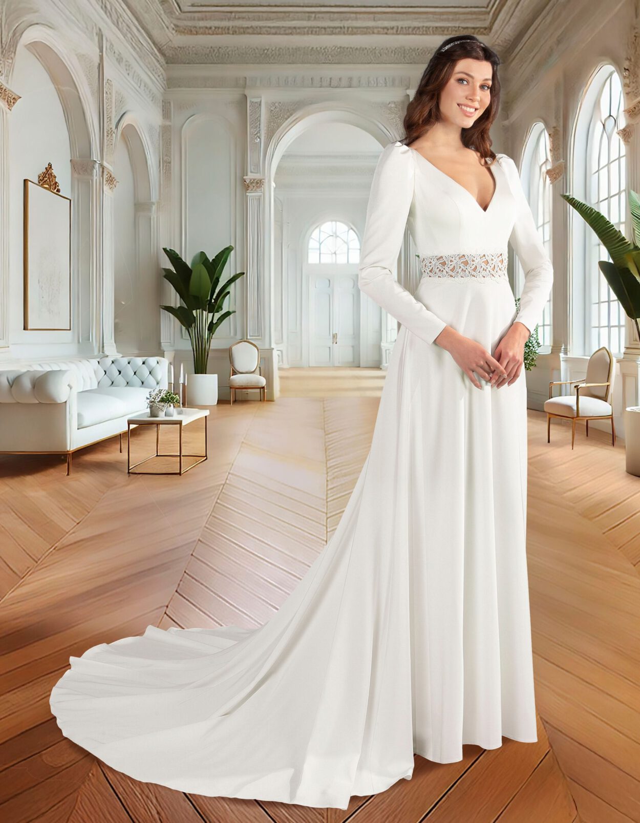 vestido novia crepe evase con corte a la cintura con encaje. Mangas largas