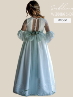 Back view of Abuela Tata embroidered tulle communion dress 0725155 with large aqua green bow and buttons